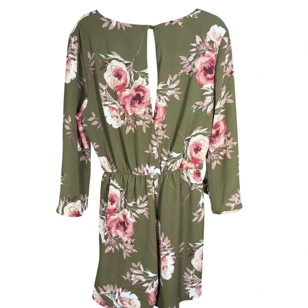 Miami Olive Green Floral Long Bell Sleeve Surplice Romper Womens Large - Picture 7 of 9